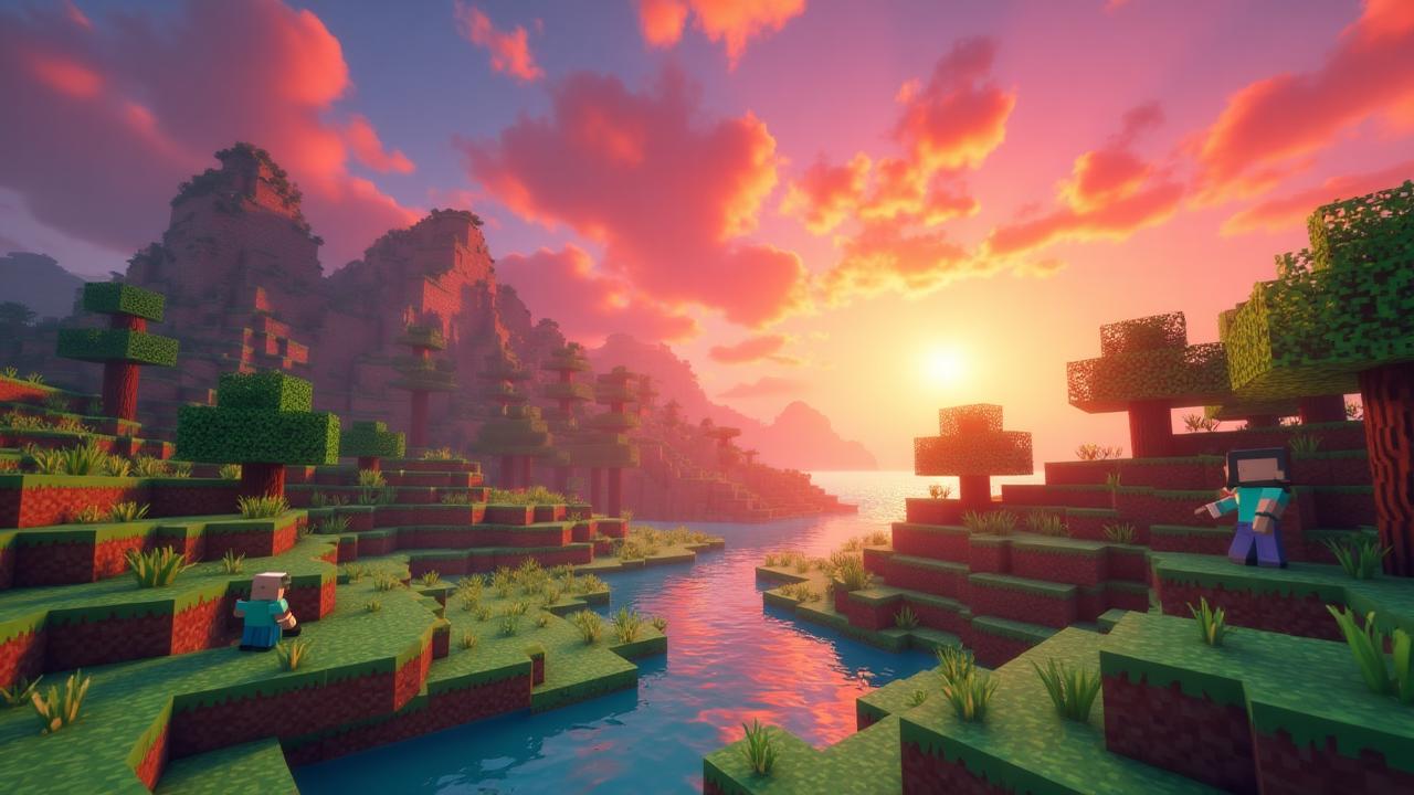 Minecraft gameplay featuring colorful pixelated world